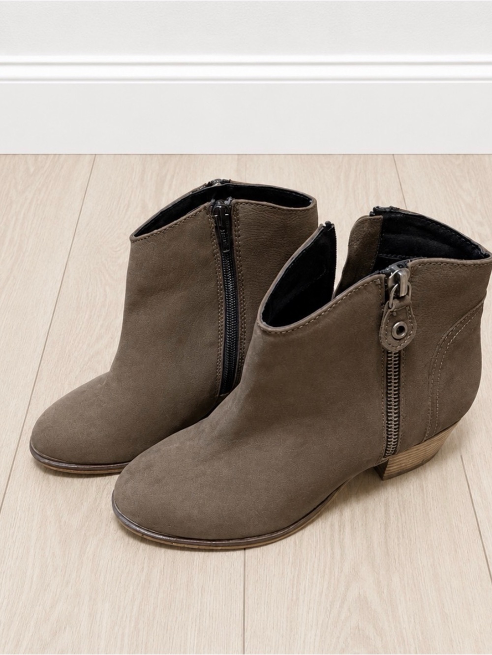 Women's Taupe Suede Ankle Booties with Side Zipper
